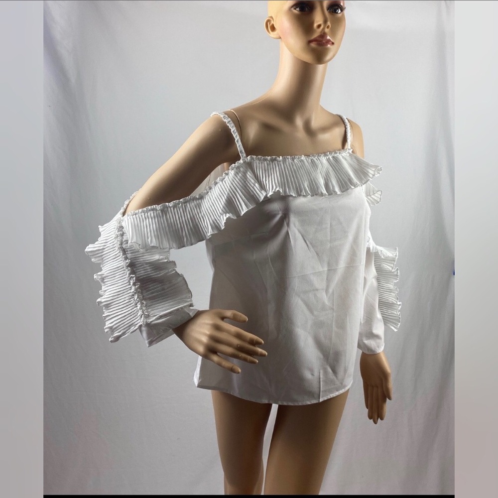 White Long Sleeve Cold Shoulder Ruffle Blouse